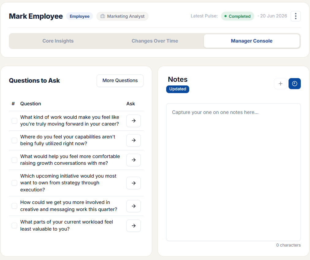 Vocation Manager Console — suggested one-on-one questions and a notes panel
