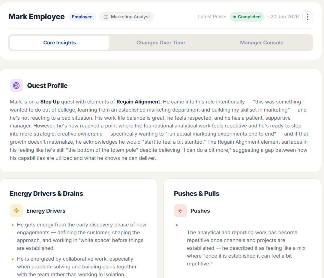 A Vocation employee profile — Quest Profile, energy drivers and drains, and pushes & pulls